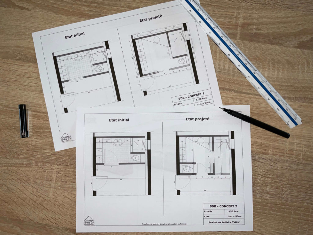 Plans 2D présentant deux concepts différents de salle de bain - Concept - Déco LV - Décoratrice d'intérieur à Caen