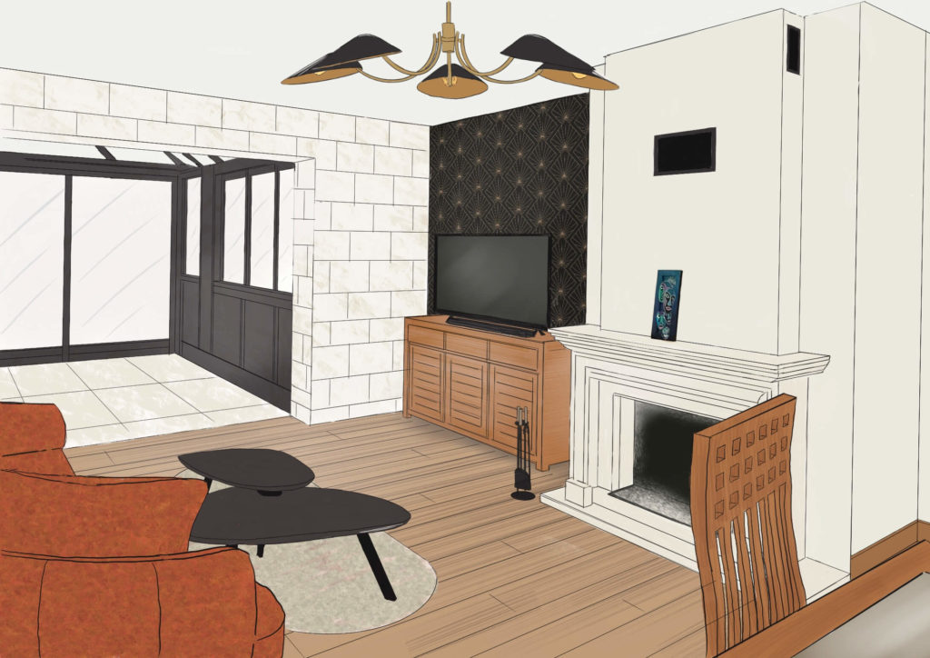 Croquis de l'espace salon avec un beau papier peint noir et or- Concept déco LV - Décoration d'intérieur à Caen